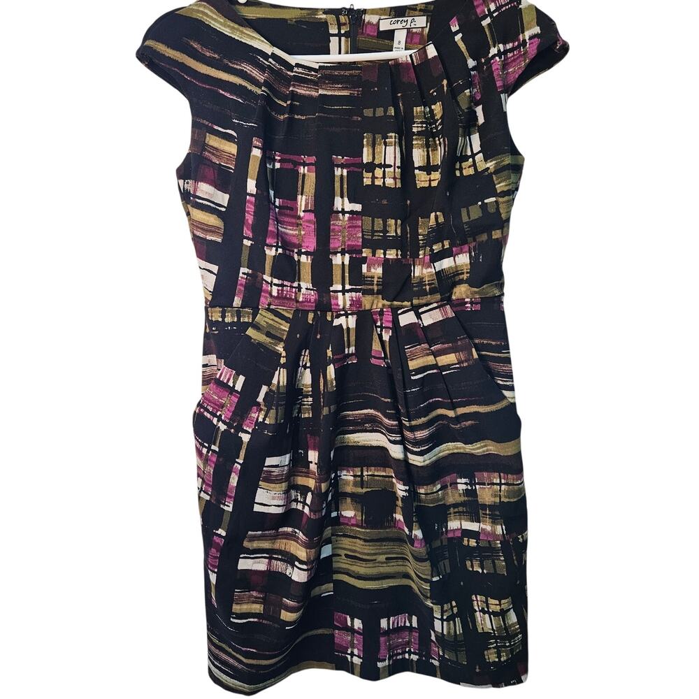 Corey P Black Olive Pink Abstract Print Knee Length Dress Size 8 Career Work